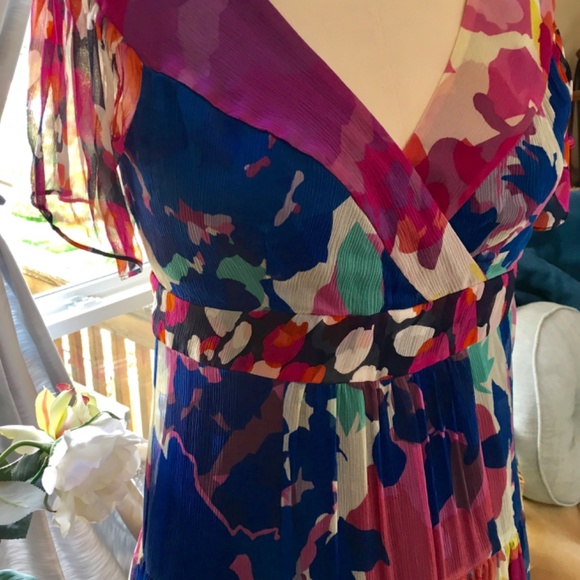 Diane Von Furstenberg Floral Vibrant Pink & Blue Printed Silk Chiffon Dress - Picture 6 of 10